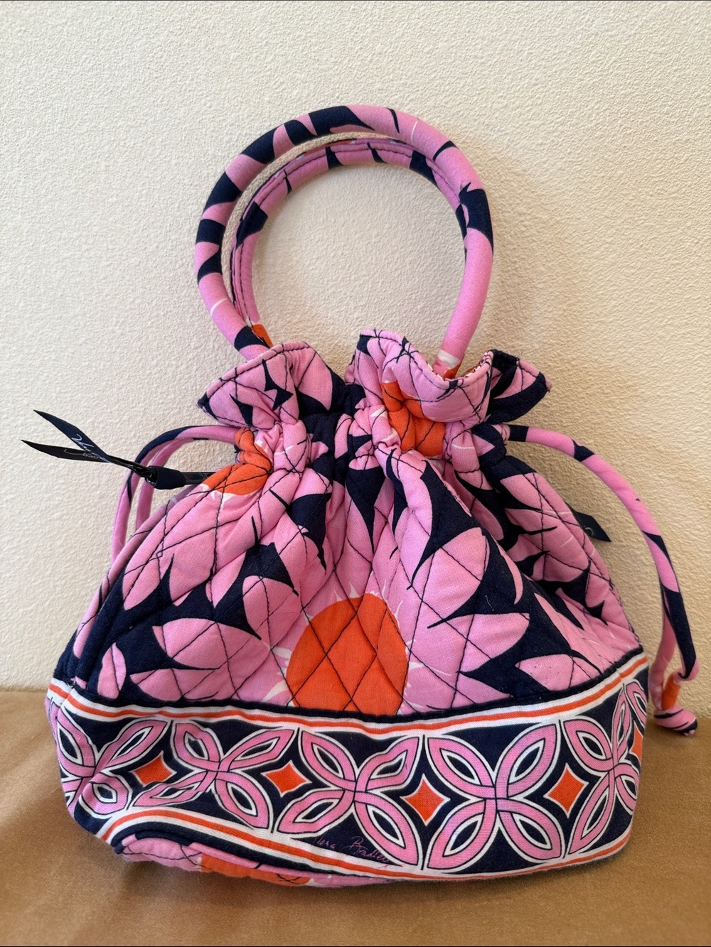 Quilted Pink & Navy Drawstring Bag